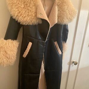 Black Leather Jacket with Cream Fur Trim and Statement Cuffs